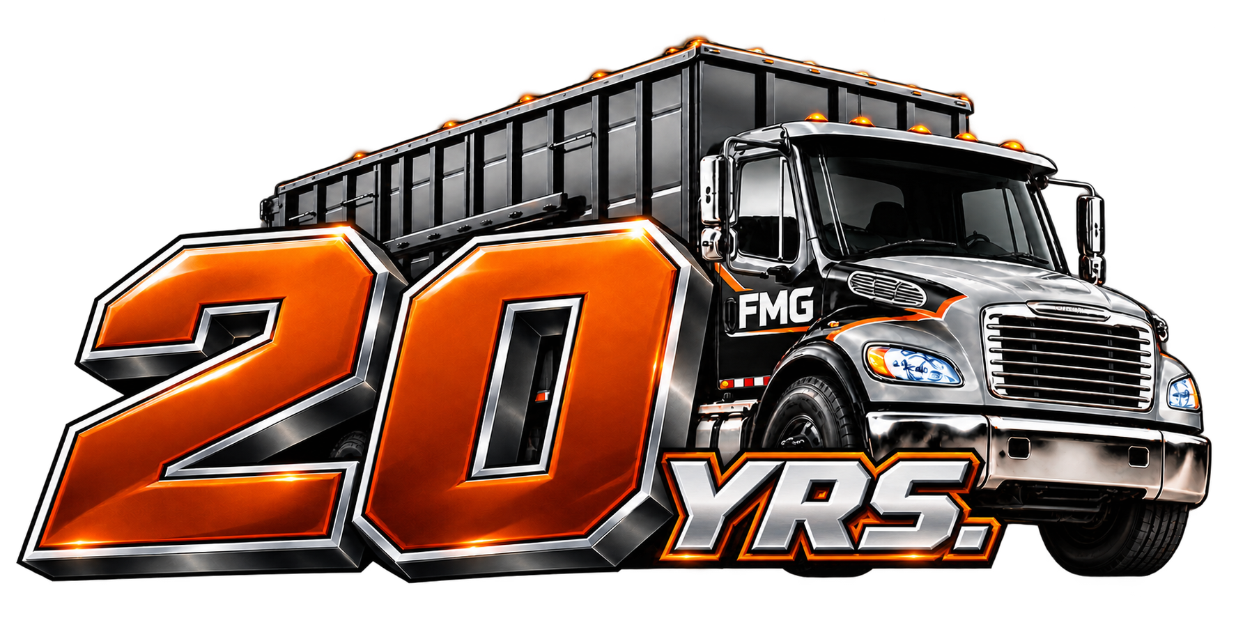20 YRS. emblem in front of an FMG hauling truck