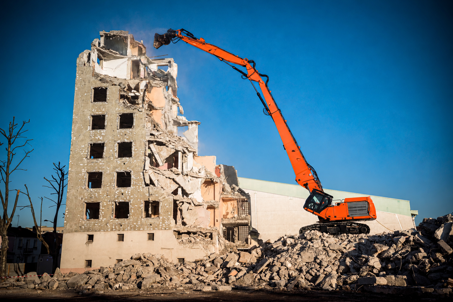 Illustrative orange demolition excavator